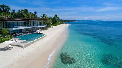 Fototapeta premium Modern beachfront villa, panoramic ocean view, luxury real estate setting