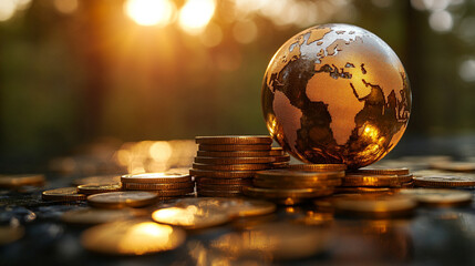 Modern shiny globe representing the world on sale, golden Earth globe next to modern gold coins, symbolizing success in business, wealth in economy, growth of international finance, and money's influe