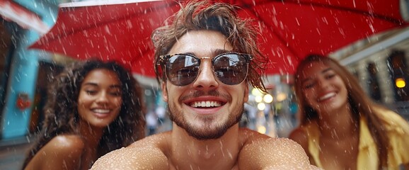 Happy friends under a red umbrella in the rain, taking a selfie.