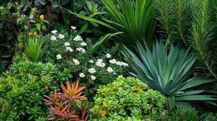 Fototapeta premium A cluster of herbaceous plants with small white flowers blooming amidst the greenery.