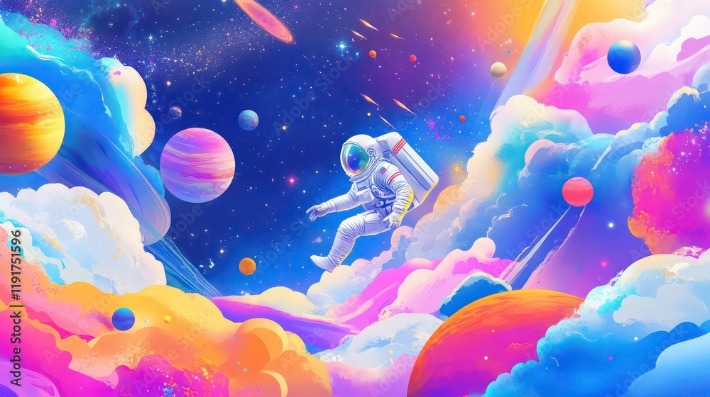 Poster astronaut floats amidst vibrant nebula, planets, and colorful clouds in space.