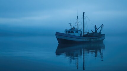 Obraz premium A fishing trawler on a foggy morning at sea.