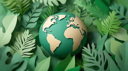 Naklejka premium Paper earth globe surrounded by lush green foliage symbolizing environmental care protection sustainability and the fragility of the planet Earth Day concept with space for text in bright blurred tone