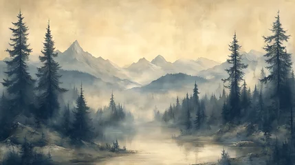 Misty mountain lake sunrise landscape painting