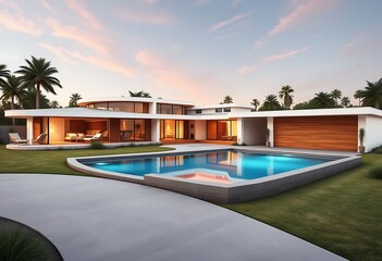 Fototapeta premium Modern Tropical Home Sunset Pool Design Luxury Villa Architecture