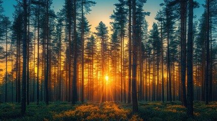 Sunset in a Pine Forest: A Golden Hour in Nature