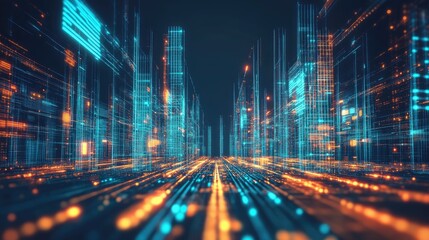 A futuristic digital cityscape with glowing lights and holograms.