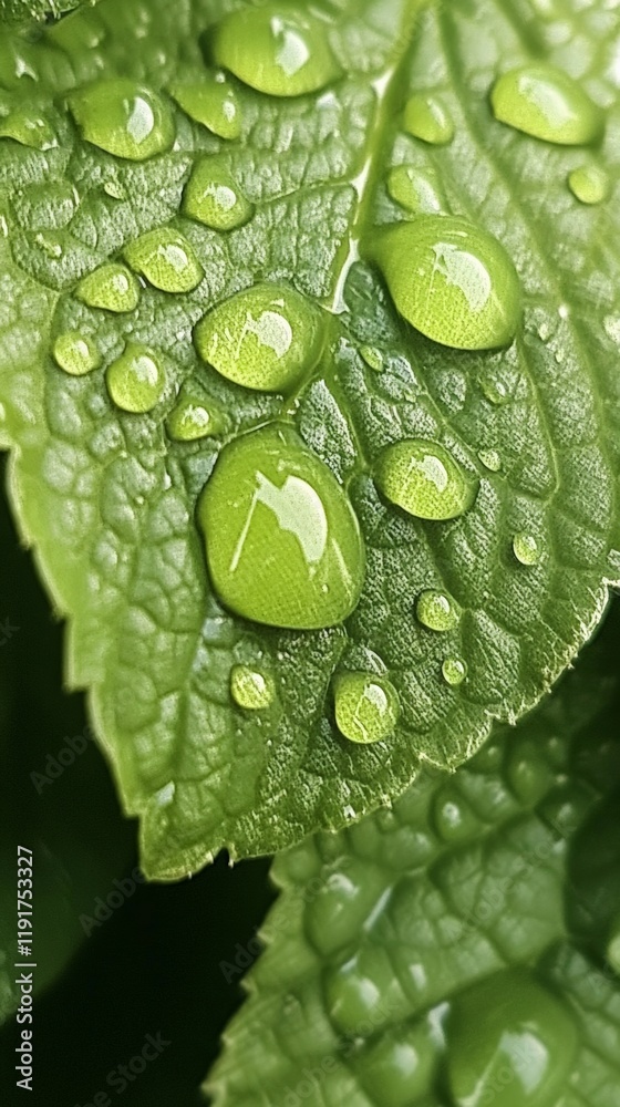 Poster sparkling water droplets glisten on the surface of a vibrant green leaf, creating a mesmerizing disp