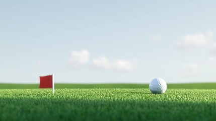 A golf ball on a pristine green grass field near a hole with a flag in the background.