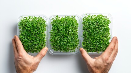 hands grasping trays of lush microgreens, sustainable indoor urban farm setting, dynamic angle, bright greens, isolated on white background