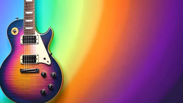 Colorful electric guitar on vibrant rainbow background creating a striking visual appeal and artistic expression