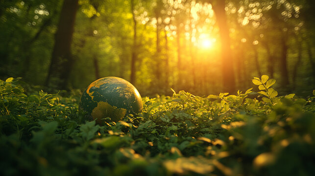 Paper earth globe surrounded by lush green foliage symbolizing environmental care protection sustainability and the fragility of the planet Earth Day concept with space for text in bright blurred tone