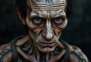 Grim Digital Portrait Weathered Man Intense Gaze Dark Background