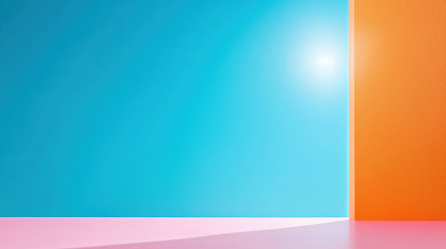 Bright Minimalist Background: A vibrant, minimalist backdrop featuring a split-screen design of teal and burnt orange walls, with a subtle pink base, creating a modern and clean aesthetic.