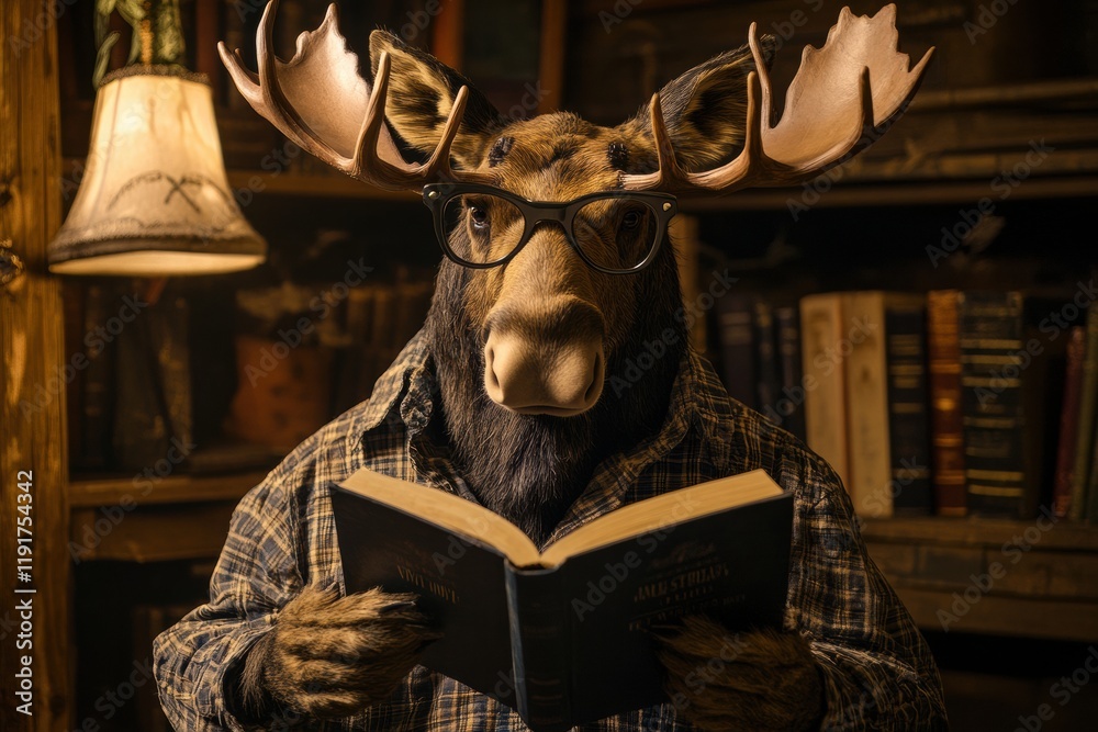 Aufkleber moose wearing reading glasses immersed in a classic book in a vintage library environment. generativ