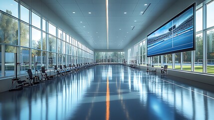 Modern rehab center indoor hallway with recovery equipment and large screen showing sports
