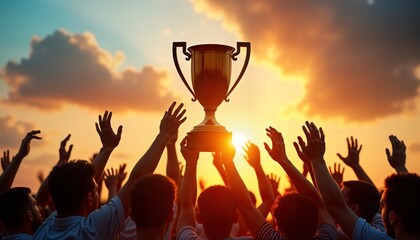 Victorious team celebrates sunset victory. Many hands raise in excitement. Trophy held high in the air. Team members celebrate achievement during evening ceremony. Crowd shows enormous success.