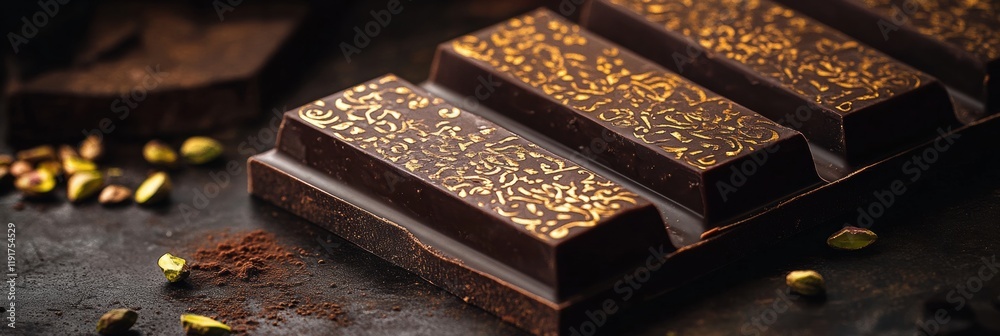 Poster pistachio filled chocolate bar with intricate arabesque patterns and golden accents for elegant indu