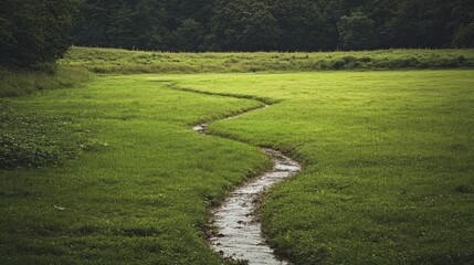 Obraz premium A peaceful grass field with a small brook running through the center.