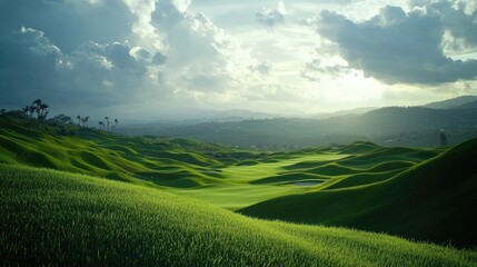 Obraz premium A picturesque golf course with rolling hills under a cloudy sky.