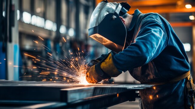 A detailed view of a welder fabricating metal structures in a workshop, Metal fabrication scene, Industrial welding style