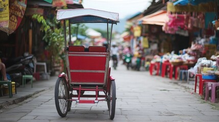 A rickshaw parked in a bustling market street in Southeast Asia.