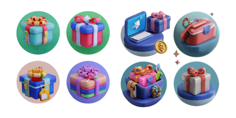 Colorful Gift Boxes and Digital Elements in 3D Design, PNG collection, set bundle, isolate on transparent or white background