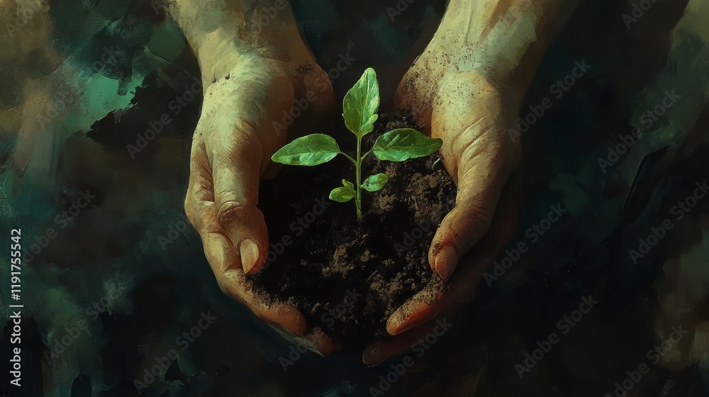 Wall mural Young plant sprout held in hands with soil