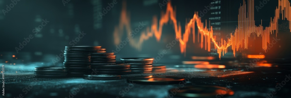 Poster Stacks of coins are placed on a dark surface with a digital stock market graph in the background, indicating declining value and potential financial crisis