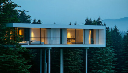 A minimalist home perched above the ground on slender stilts, its white cantilevered structure blend
