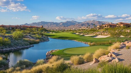 Fototapeta premium A scenic view of a golf course overlooking a tranquil lake.
