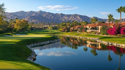 A scenic view of a golf course overlooking a tranquil lake.