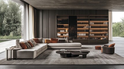 A large living room with a neutral-toned sofa, open shelving, and a statement area rug.