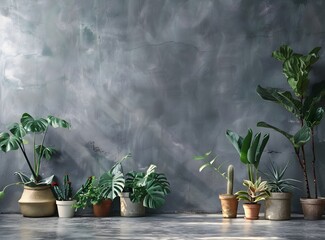 Assortment of Potted Plants Against Gray Wall