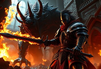 Fiery Knight Battles Dark Beast Flaming Sword Gothic Setting
