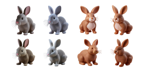 Cute Cartoon Rabbits in Various Colors and Poses, PNG collection, set bundle, isolate on transparent or white background