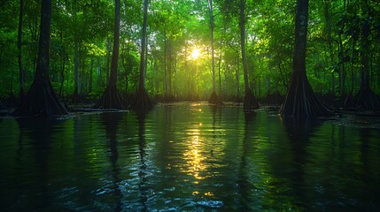 Obraz premium Sunrise over swamp, lush trees, tranquil water, misty forest background, nature documentary