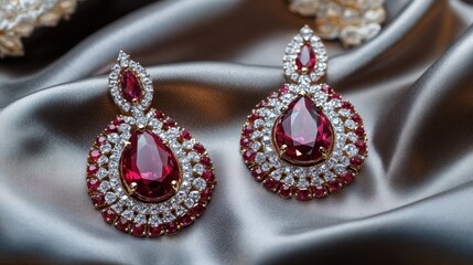 Obraz premium A luxurious combination of ruby and diamond jewelry on a silk background.
