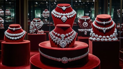 A luxurious display of diamond necklaces and rings on velvet stands in a jewelry showroom.