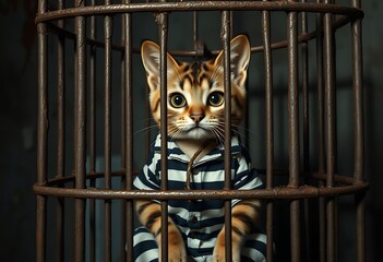 Cute Kitten Prisoner Striped Jumpsuit Metal Cage Dark Setting