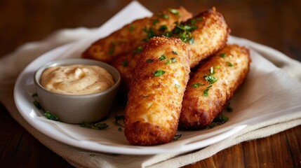 Crispy cheese croquettes served on a white plate with dipping sauce garnished with herbs