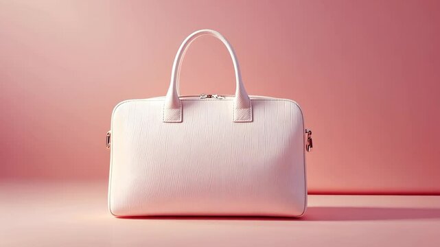 Stylish pink handbag displayed on a soft pink surface with subtle texture and shadows