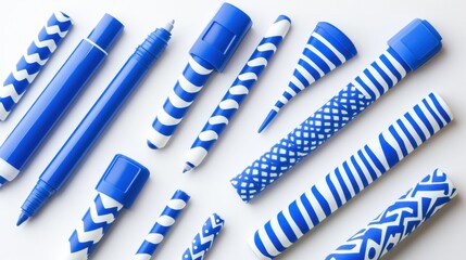 A mix of blue highlighters of various sizes laid out in a zigzag pattern on a clean white background.