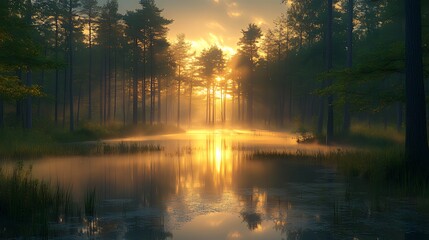 Obraz premium Misty sunrise forest lake reflection, tranquil morning scene