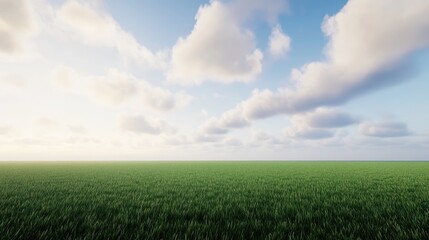 Obraz premium A wide green grass field under a dramatic cloudy sky before a storm.