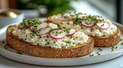 Close-up of two slices of toasted bread topped with creamy cottage cheese, thinly sliced radish and fresh chives