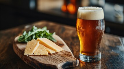 Perfect pairing of amber ale with cheese and greens on a wooden board in a cozy pub setting