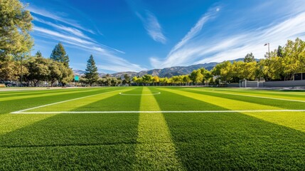 Naklejka premium Vibrant Green Soccer Field under a Sunny Sky