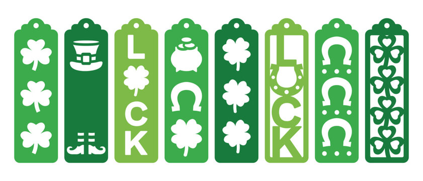 Set of St Patricks Day vertical bookmarks. Laser cut template. Decorative bookmark stencil for paper, wood and metal cutting. Vector design for traditional Irish holiday