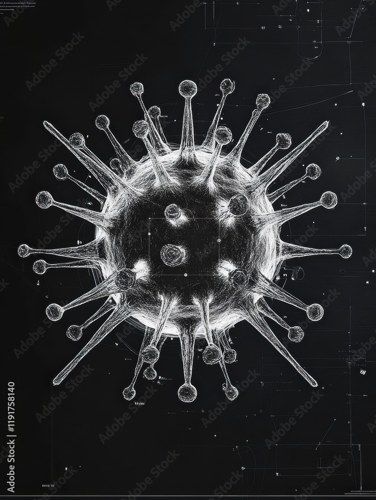 Poster Graphical representation of a virus in a minimalistic style on a dark background displaying its unique structure and features. Generative AI